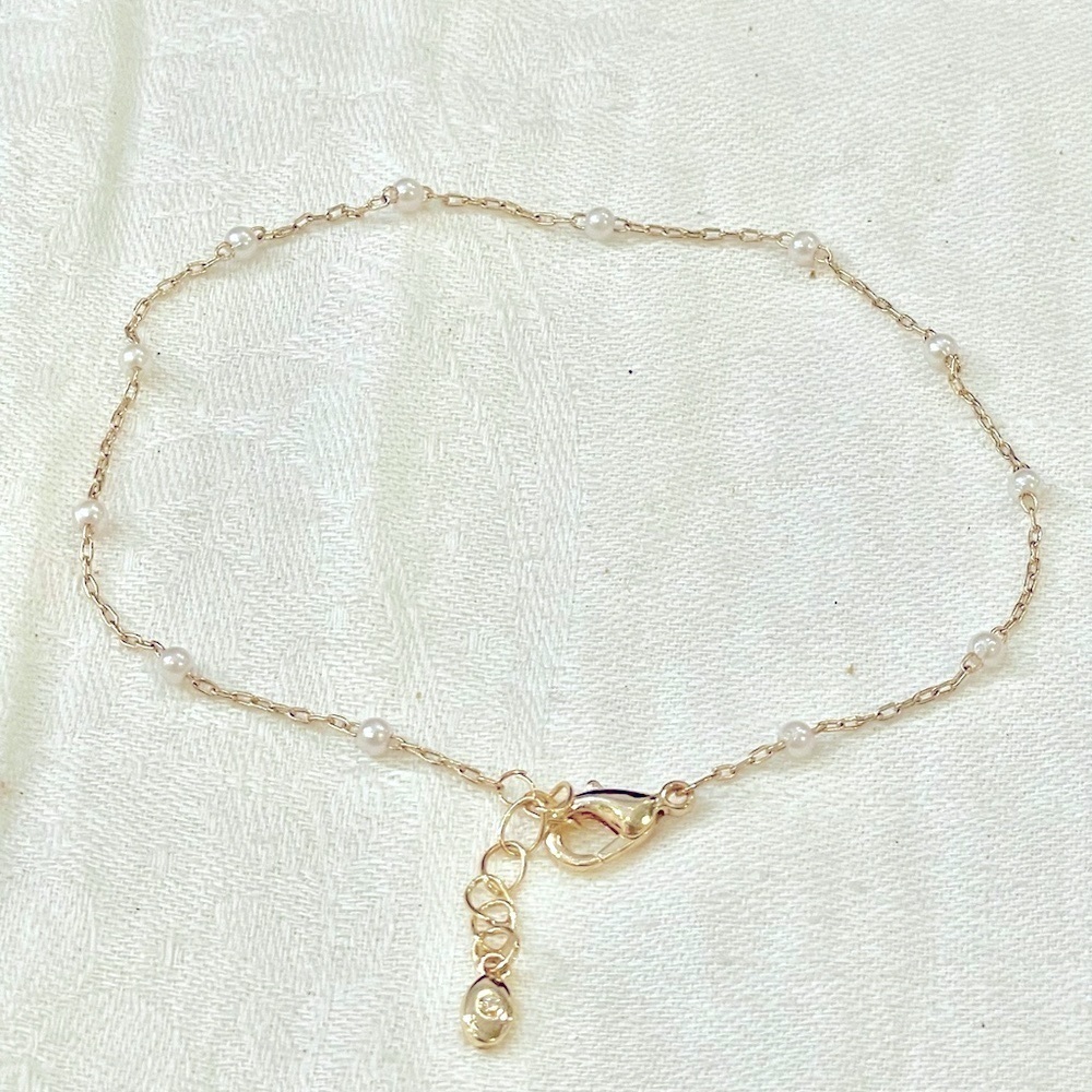 Delicate anklet gold tone faux pearl station dainty adjustable up to 10 inches